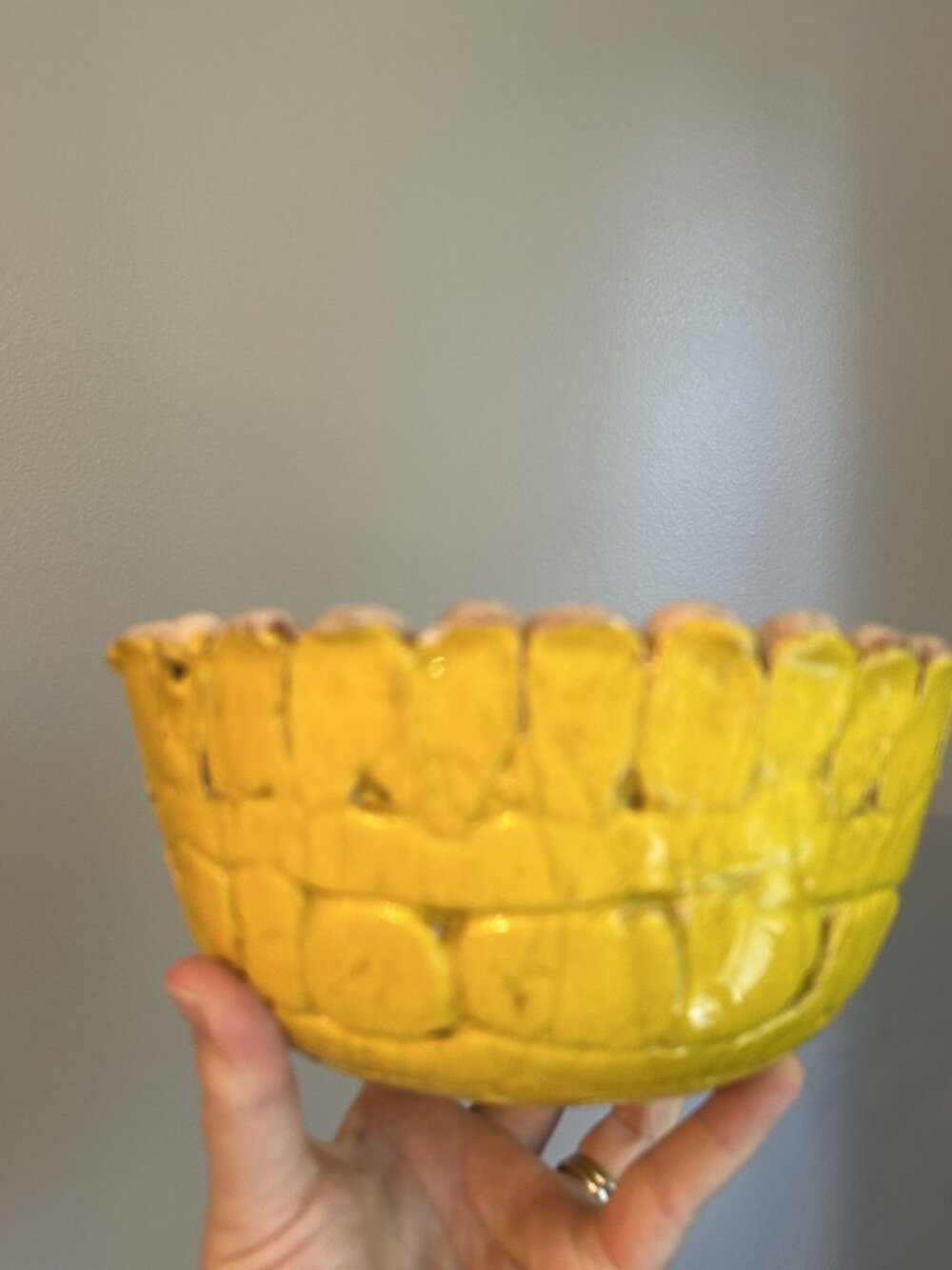 Yellow Vintage Handcrafted Ceramic Bowl Planter With Scalloped Rim 8"